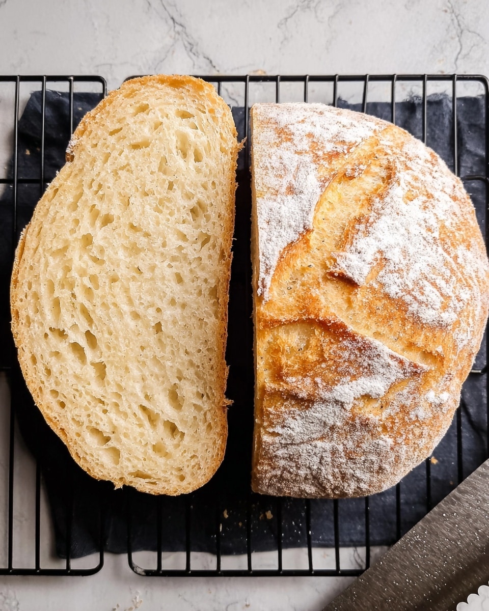 A round loaf of bread with a golden-brown crust is covered with a light dusting of white flour. The bread has deep cuts in a star pattern, creating six sections, showing a soft and airy texture inside with a slight crust on top. It sits on crumpled parchment paper inside a round white dish. The dish is placed on a white marbled surface. photo taken with an iphone --ar 4:5 --v 7