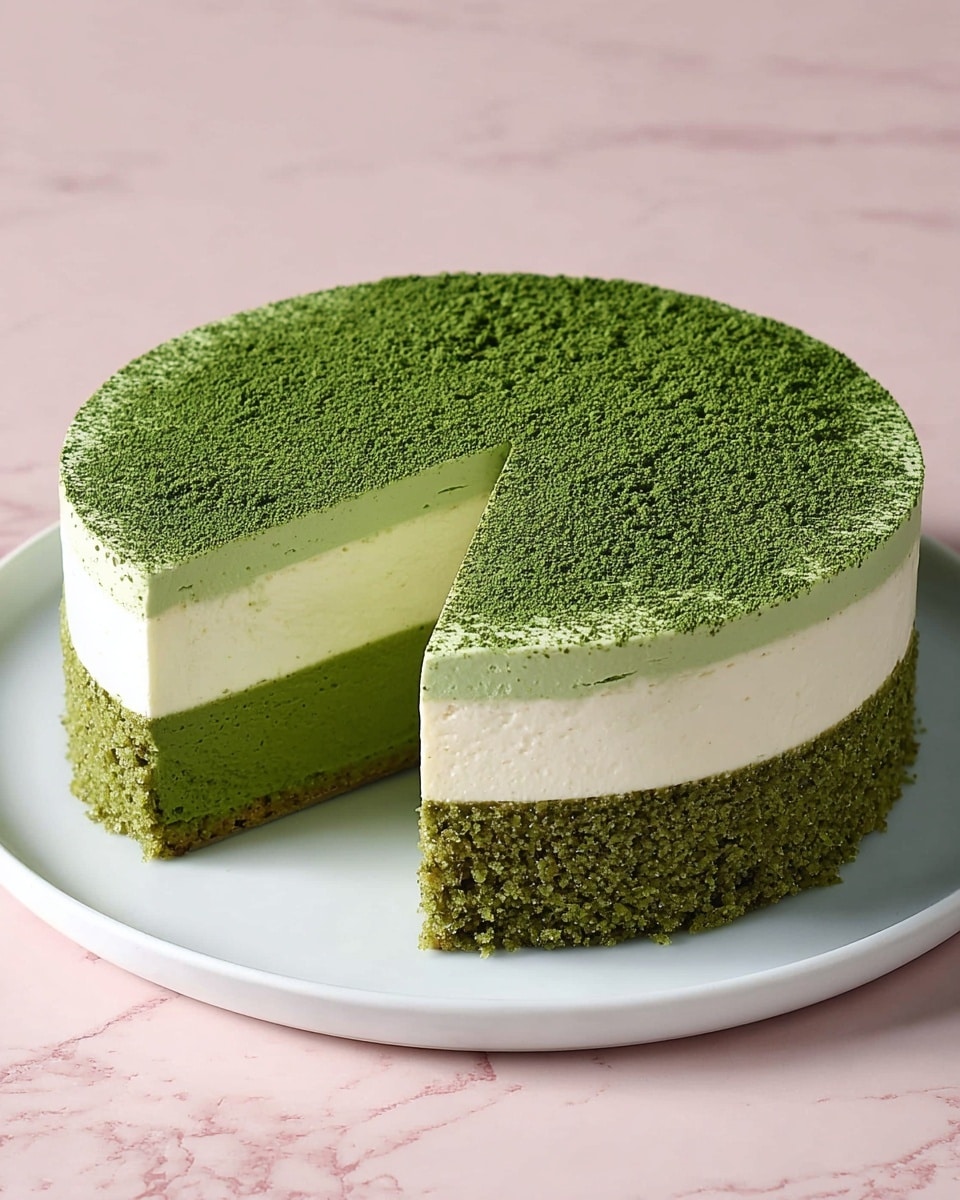 A round cake with three distinct layers sits on a white plate against a white marbled texture. The bottom layer is a dense green sponge cake with a crumbly texture. The middle layer is thick and creamy white, smooth and even. The top layer is a light green mousse, dusted finely with green powder, covering the entire surface. A slice is cut out and placed close to the cake, showing all three layers clearly from the side. The background is simple, emphasizing the cake’s colors and texture. photo taken with an iphone --ar 4:5 --v 7