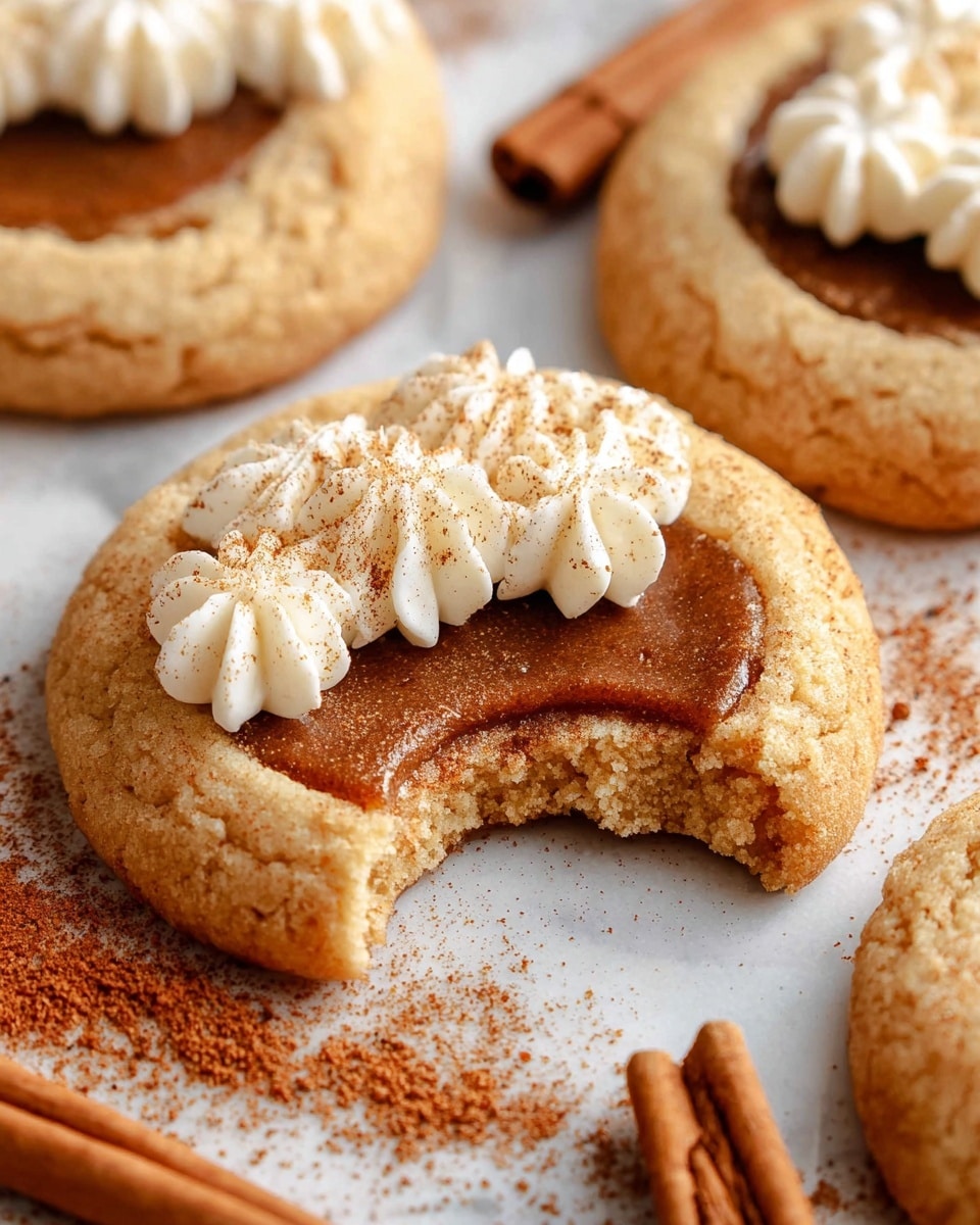 A close-up view of a soft cookie with three layers, placed on a white marbled surface. The bottom layer is a light golden brown cookie with a crumbly texture, the middle layer is a smooth, dark caramel-brown filling that looks rich and moist, and the top layer is a small dollop of white whipped cream with a fluffy texture, dusted lightly with cinnamon powder. Surrounding the main cookie are more cookies of the same kind and some cinnamon sticks in the background. One cookie has a bite taken out of it, showing the soft inside of the cookie layer. Photo taken with an iphone --ar 4:5 --v 7