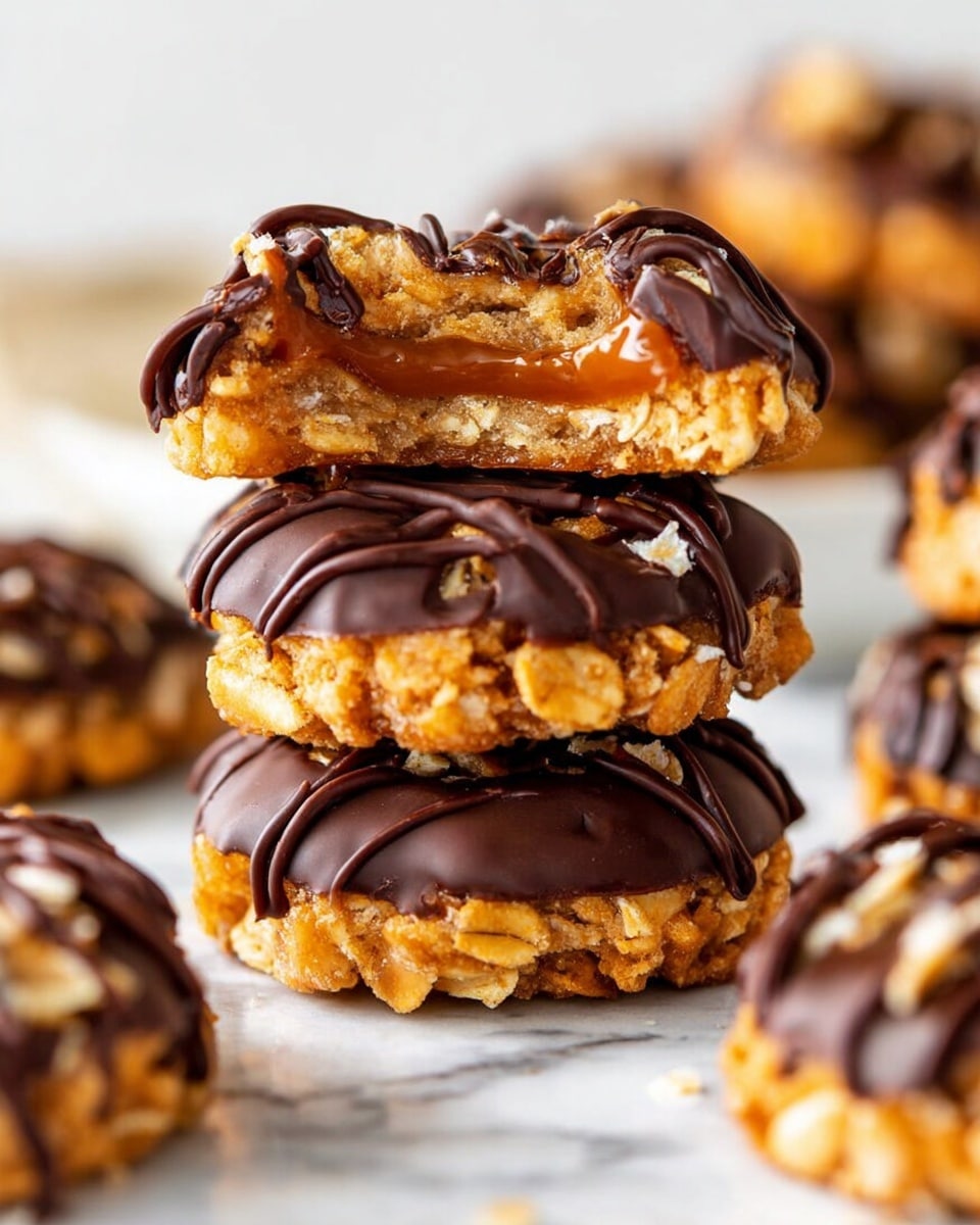 A close-up of several round cookies arranged on a white marbled surface, each cookie has two main layers: the bottom layer is a thick dark chocolate base, smooth and glossy, while the top layer is a golden brown coconut and oat mixture with a rough, textured surface. The cookies are drizzled with dark chocolate in thin, uneven stripes over the top layer, adding a shiny finish. A white cup or jar filled with milk is partially visible on the right side, slightly out of focus. photo taken with an iphone --ar 4:5 --v 7