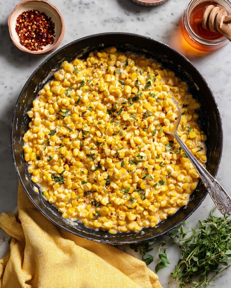 A close-up of a black bowl filled with creamy cooked corn kernels mixed with small bits of green herbs, giving a fresh look. A silver spoon lifts a scoop of the creamy corn, showing a smooth white sauce coating the bright yellow kernels. Golden honey is being drizzled onto the spoonful of corn, creating a shiny swirl on top. In the blurred background, another black bowl with more creamy corn is visible, all set on a white marbled surface. photo taken with an iphone --ar 4:5 --v 7