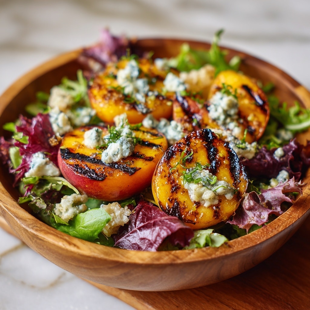 A wooden bowl filled with a bed of fresh mixed green and purple leafy salad forms the base layer, with grilled peach halves placed on top. Each peach half is charred with grill marks and topped with small dollops of blue cheese and sprinkled with finely chopped herbs. Scattered around the peaches are crispy bacon pieces adding a deep reddish-brown color and crunchy texture. The bowl sits on a white marbled surface, with fresh peaches, a jar of honey with a wooden dipper, a few forks wrapped in beige napkins, and a white plate with a piece of blue cheese blurred softly in the background. photo taken with an iphone --ar 4:5 --v 7