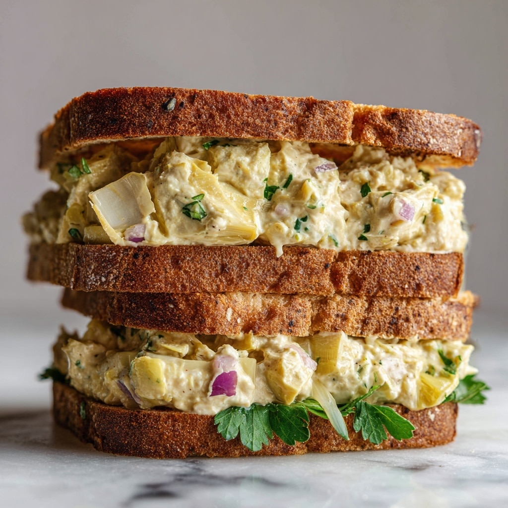 A close-up image of a thick sandwich with two slices of toasted brown bread forming the top and bottom layers. Between the bread, there is a chunky mixture that looks creamy and dense with visible pieces of pale yellow artichoke hearts, small bits of red onion, and flecks of green herbs like parsley. The filling almost spills out from the middle, showing a rich, creamy texture with smooth and rough bits. Inside at the bottom, fresh green parsley leaves peek out slightly under the creamy mix. The sandwich is placed on a flat white marbled surface. Photo taken with an iphone --ar 4:5 --v 7