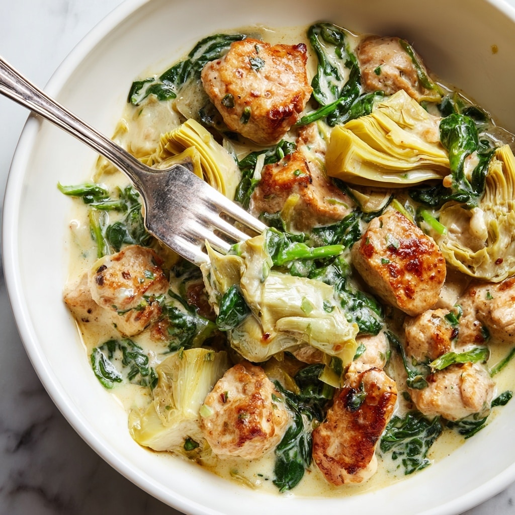 The image shows a close-up view of a creamy chicken dish in a white pan. The dish has a mix of tender, browned chicken chunks with a golden crust scattered throughout. There are soft, wilted green spinach leaves mixed in, and pale-green artichoke pieces adding texture. The creamy sauce is smooth and light-colored, filling the spaces between the chicken and vegetables, making the dish look rich and hearty. The pan is placed on a white marbled surface that contrasts with the warm colors of the food. photo taken with an iphone --ar 4:5 --v 7