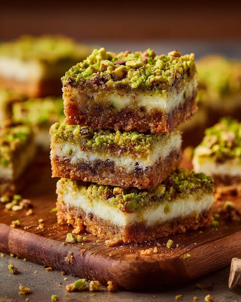 The image shows three square bars stacked on top of each other, each bar having three clear layers. The bottom layer is a dense brown crust with a crumbly texture. The middle layer is a smooth light green filling, likely pistachio, which looks creamy. The top layer is a slightly crunchy, golden brown topping with small bits of chopped pistachios scattered on it, adding a bit of texture and color contrast. The stack is placed on a white marbled surface with some loose pistachios around it for decoration. The background is softly blurred, making the bars the main focus. Photo taken with an iphone --ar 4:5 --v 7