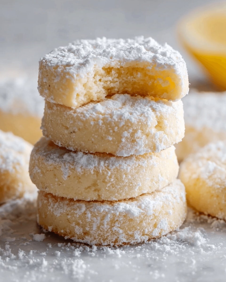 A small stack of light yellow shortbread cookies, each in a thick round shape about one layer thick with a soft texture showing slightly crumbling edges, all dusted generously with white powdered sugar that covers the top and sides unevenly; one cookie on top has a bite taken out, revealing the soft inside. The cookies rest on a white marbled surface. photo taken with an iphone --ar 4:5 --v 7