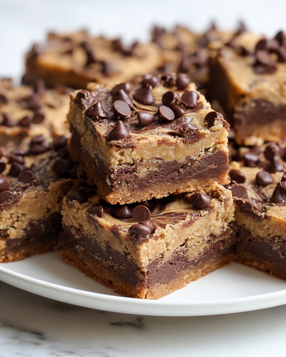 The image shows several square-shaped dessert bars arranged closely together on a white plate set on a white marbled surface. Each bar has two visible layers: the bottom layer is a dense, chewy textured light brown with swirls of darker brown chocolate, while the top layer is a lighter tan with a crumbly, slightly rough texture topped with many small, shiny dark brown chocolate chips scattered all over. Two bars are stacked in the center, showing their side profile clearly, and the background bars are slightly out of focus. photo taken with an iphone --ar 4:5 --v 7