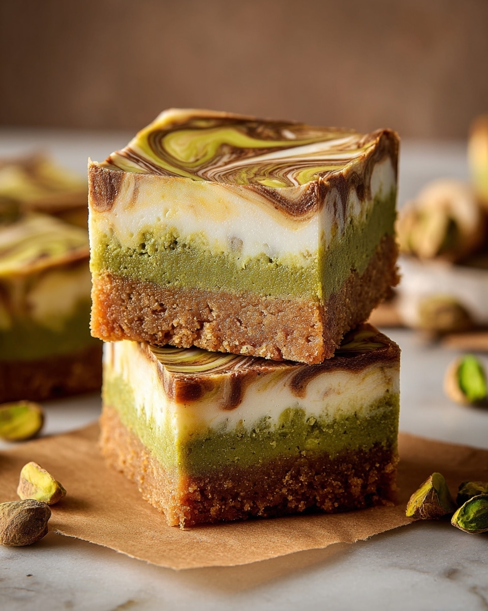 The image shows two square slices of a layered dessert stacked on each other on brown parchment paper. Each slice has three main layers: a light brown dense base with a slightly crumbly texture at the bottom, a thick green middle layer that appears soft and slightly coarse, and a creamy white layer in the center with smooth texture. The top layer has a marbled pattern made of brown and green swirls blending into creamy white, giving a rich and artistic look. Around the slices, there are some loose pistachios scattered, and the background is blurred with a warm tone on a white marbled surface. photo taken with an iphone --ar 4:5 --v 7