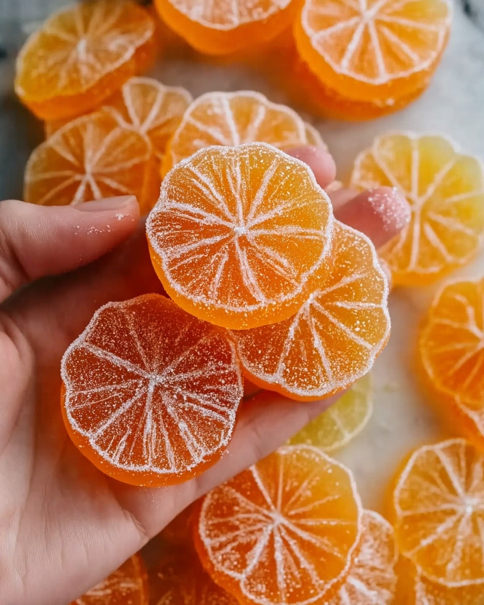A close-up photo shows a woman's hand holding a stack of three translucent orange jelly candies shaped like slices of citrus fruit, each with detailed segments and a slightly shiny, smooth texture. The candies are dusted lightly with powdered sugar, giving a soft white contrast on the bright orange. Below the hand, many similar orange jelly slices are scattered on a white marbled surface, creating a layered, textured look with the candy slices overlapping each other. The overall scene is bright and fresh, with light reflecting softly on the jelly candies. photo taken with an iphone --ar 4:5 --v 7