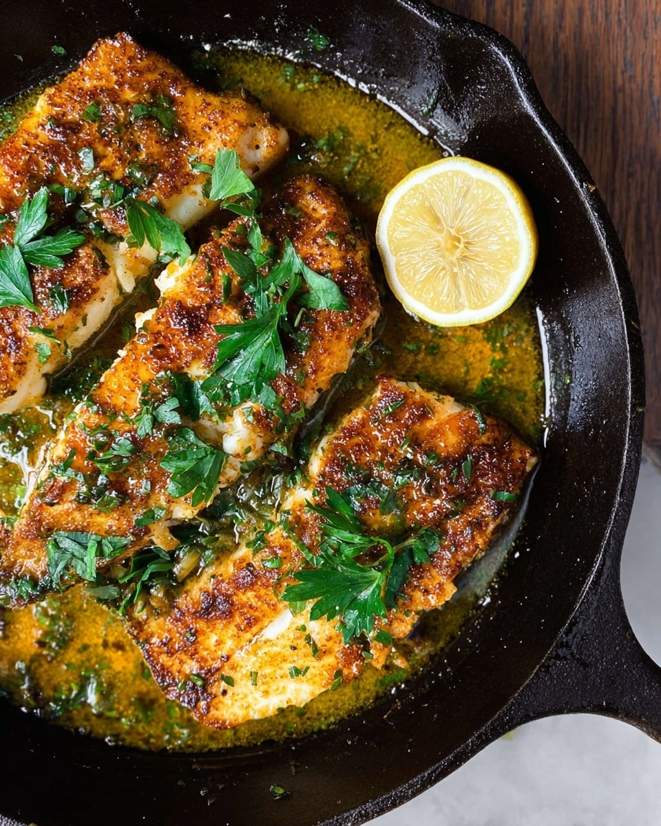 A cast iron pan holds four pieces of golden-brown baked fish with a crispy, slightly crumbly topping, sprinkled with fresh green chopped herbs. In the pan next to the fish, there is a half lemon with its bright yellow interior visible. In the background, a clear bowl contains a fresh salad with red tomato wedges, white cubes of cheese, green cucumber slices, and dark olives, all placed on a white marbled surface. The image has warm, natural lighting and a cozy feel. photo taken with an iphone --ar 4:5 --v 7