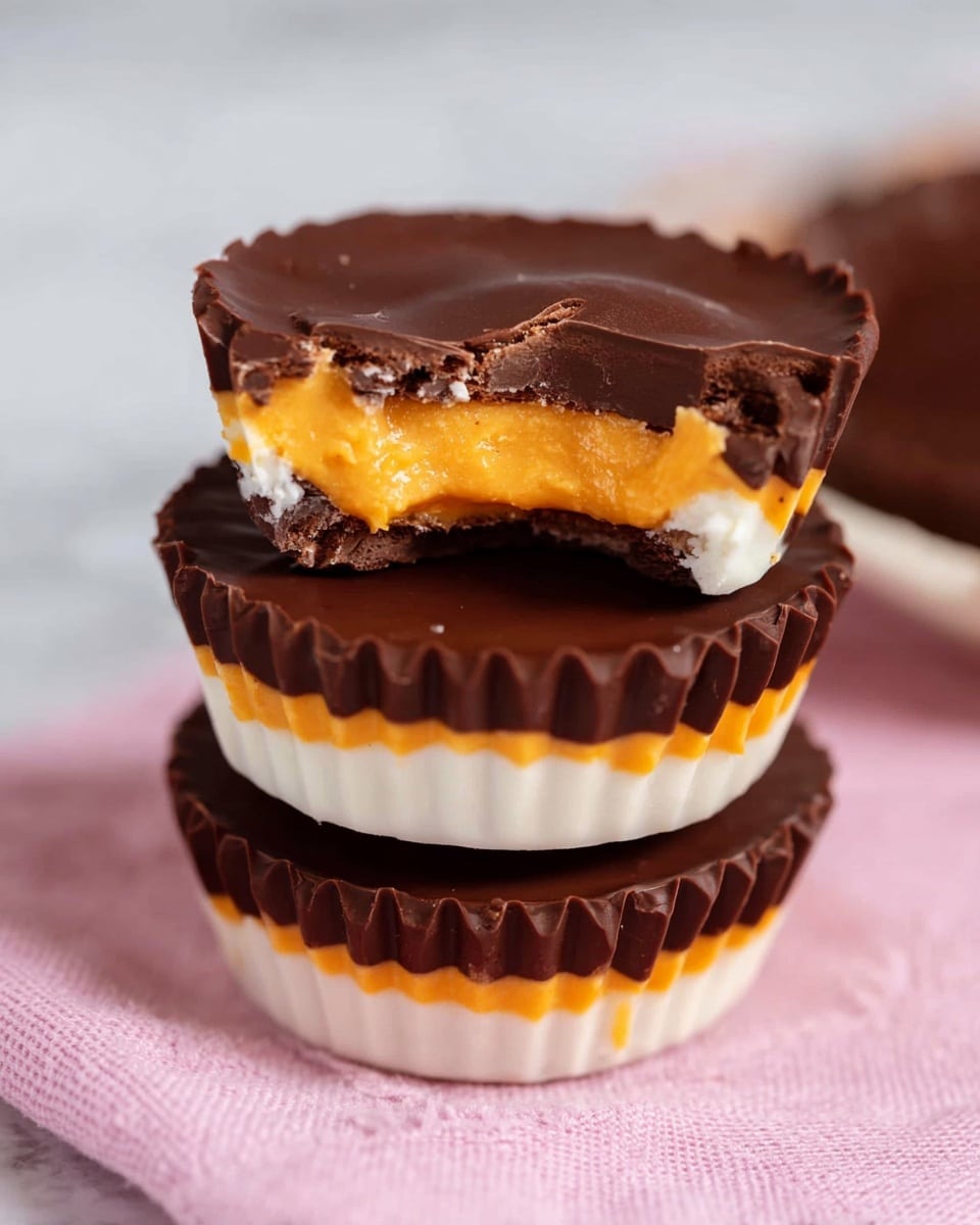 A close-up shot of seven small chocolate treats placed on a white plate. Each treat has three layers: a smooth dark brown chocolate base, a thick white middle layer with a creamy texture, and a thin orange layer between the white and the chocolate top in one treat. The top layer is a shiny dark brown chocolate disc with slight ridges on the edges. The treats are arranged casually, some standing upright and others lying flat, showing their layered sides. The white marbled surface is only partially visible in the background, adding softness to the image. Photo taken with an iphone --ar 4:5 --v 7