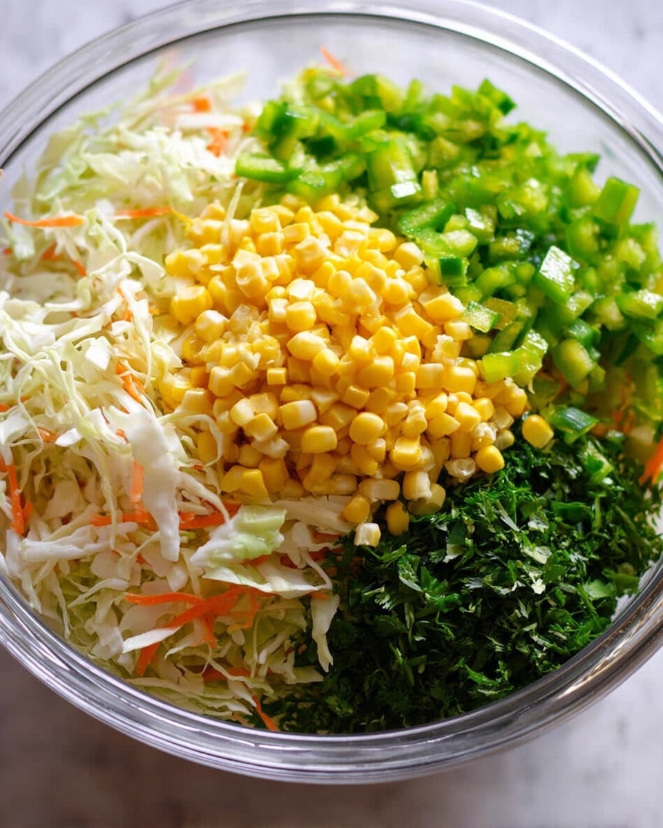 The image shows a close-up of a white bowl filled with a colorful salad made of thinly shredded pale green cabbage, small bright yellow corn kernels, and thin orange carrot strips mixed with chopped green herbs scattered throughout. A white spoon rests inside the bowl, digging into the crunchy salad. The mixture looks fresh and lightly coated with a dressing, all set on a white marbled surface. photo taken with an iphone --ar 4:5 --v 7