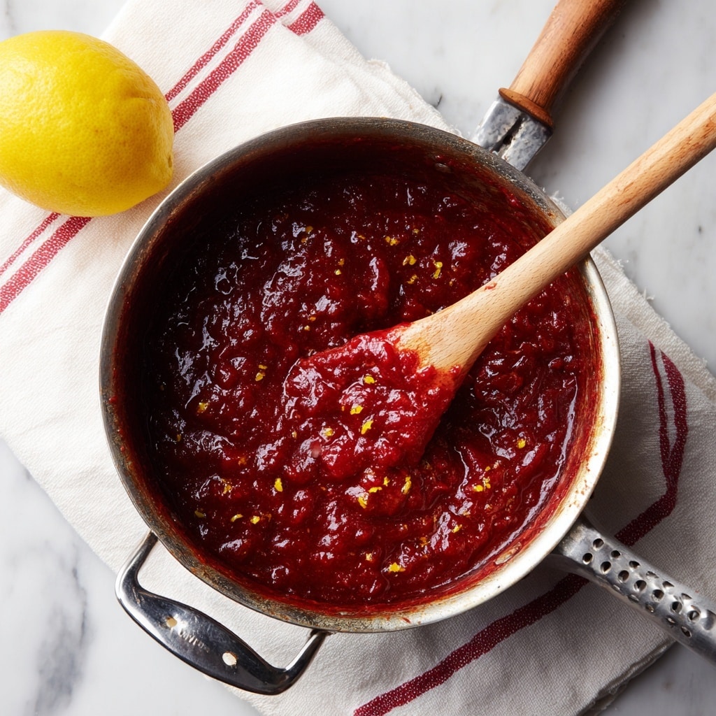 A close-up image shows a bowl filled with chunky, deep red cranberry sauce, topped with thin orange zest strips. The sauce has a thick, glossy texture with visible whole and slightly crushed cranberries, sitting inside a rustic, round bowl with a slightly rough, speckled surface. A silver spoon rests inside the bowl at the right side, partially immersed in the sauce. The bowl sits on a white marbled surface, accompanied by a soft beige cloth with thin stripe details. Scattered cranberries appear around the bowl in the blurred background. photo taken with an iphone --ar 4:5 --v 7