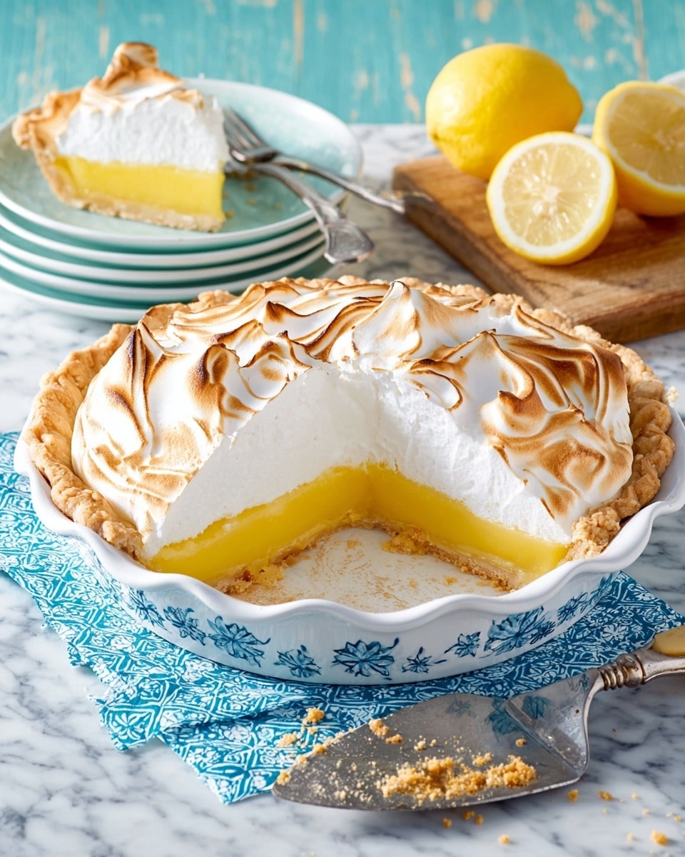 A lemon meringue pie with three visible layers inside a white pie dish with blue and white floral patterns; the bottom layer is a golden brown crust with a rough edge, the middle layer is a smooth, bright yellow lemon filling, and the top layer is thick, fluffy white meringue with toasted golden brown swirls and peaks. A slice has been removed, showing the clean layers, with a slice on a stack of white plates in the background and a fork with a small bite. Nearby is a silver pie server with crumbs on a white marbled surface, and a lemon cut in half, sitting on a wooden board. The setting includes a blue patterned cloth under the pie. Photo taken with an iphone --ar 4:5 --v 7