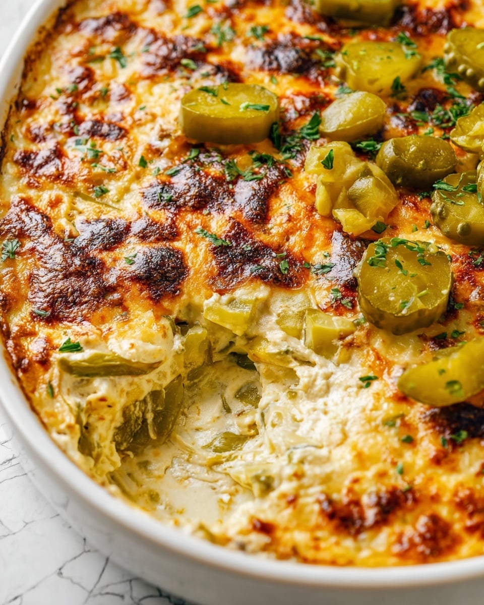 A close-up of a white oval dish filled with a creamy baked dip that has a slightly browned, bubbly top. The dish shows a mix of white and golden brown from the melted cheese, with scattered green dill and chunks of green pickles on the surface. A woman's hand is dipping a ridged, round potato chip into the thick, white and green-speckled creamy dip, lifting some out of the dish. The background shows more ridged potato chips on a white marbled texture. photo taken with an iphone --ar 4:5 --v 7
