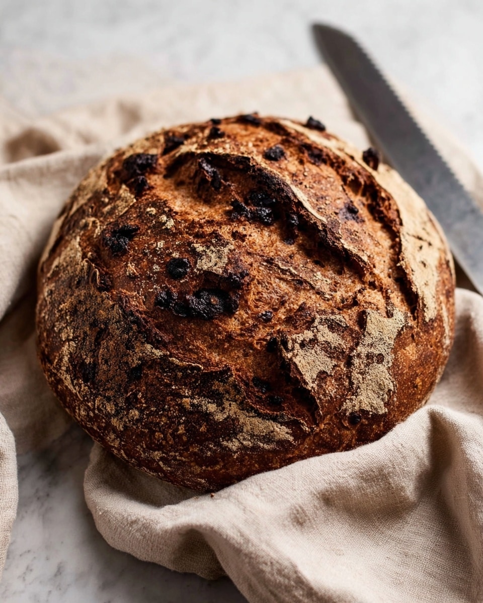 A rustic round chocolate bread loaf with a dark brown, cracked crust dotted with darker chocolate chunks sitting on a wooden board, a sharp silver knife slicing through the loaf horizontally near the bottom, showing its dense texture and thick crust layers, crumbs scattered around. photo taken with an iphone --ar 4:5 --v 7