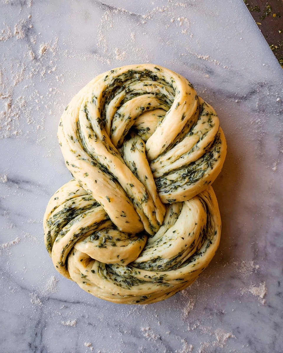 A twisted loaf of bread with multiple layers of light golden-brown dough swirled with a dark green herb mixture sits on a rustic wooden board. The bread has a shiny crust with visible salt crystals and small green herb leaves sprinkled on top. Two slices are cut from the loaf, showing inside the soft white and green marbled layers, with one slice spread with creamy butter. Around the board are fresh green herb sprigs, and a grey and white kitchen cloth is nearby, all set against a white marbled surface. photo taken with an iphone --ar 4:5 --v 7