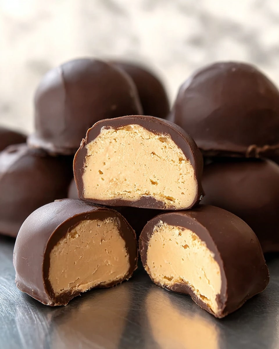 The image shows a white bowl with a blue pattern filled with five round chocolate-covered treats. Three of them are whole, smooth, and dark brown in color, while two are cut in half, revealing a light tan, slightly crumbly inside layer. The treats are packed closely together in the bowl, placed on a white marbled surface. The photo is taken with an iphone --ar 4:5 --v 7