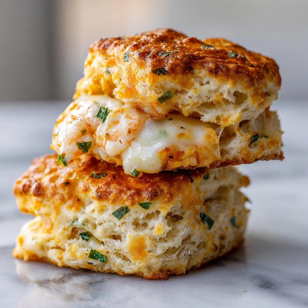 The image shows a close-up of two stacked biscuits with a golden brown, crispy top layer. The biscuits are split open in the middle, revealing a soft, flaky inside filled with melted cheese that is creamy white with a slight yellow tint, mixed with small green herbs. The edges of the cheese appear slightly browned and gooey, adding texture to the softness of the biscuit. There are some small bits of herbs sprinkled both inside and on top of the biscuits. The biscuits rest on a white surface with a subtle marbled texture. The background is blurred out, highlighting the biscuits as the main focus. photo taken with an iphone --ar 4:5 --v 7