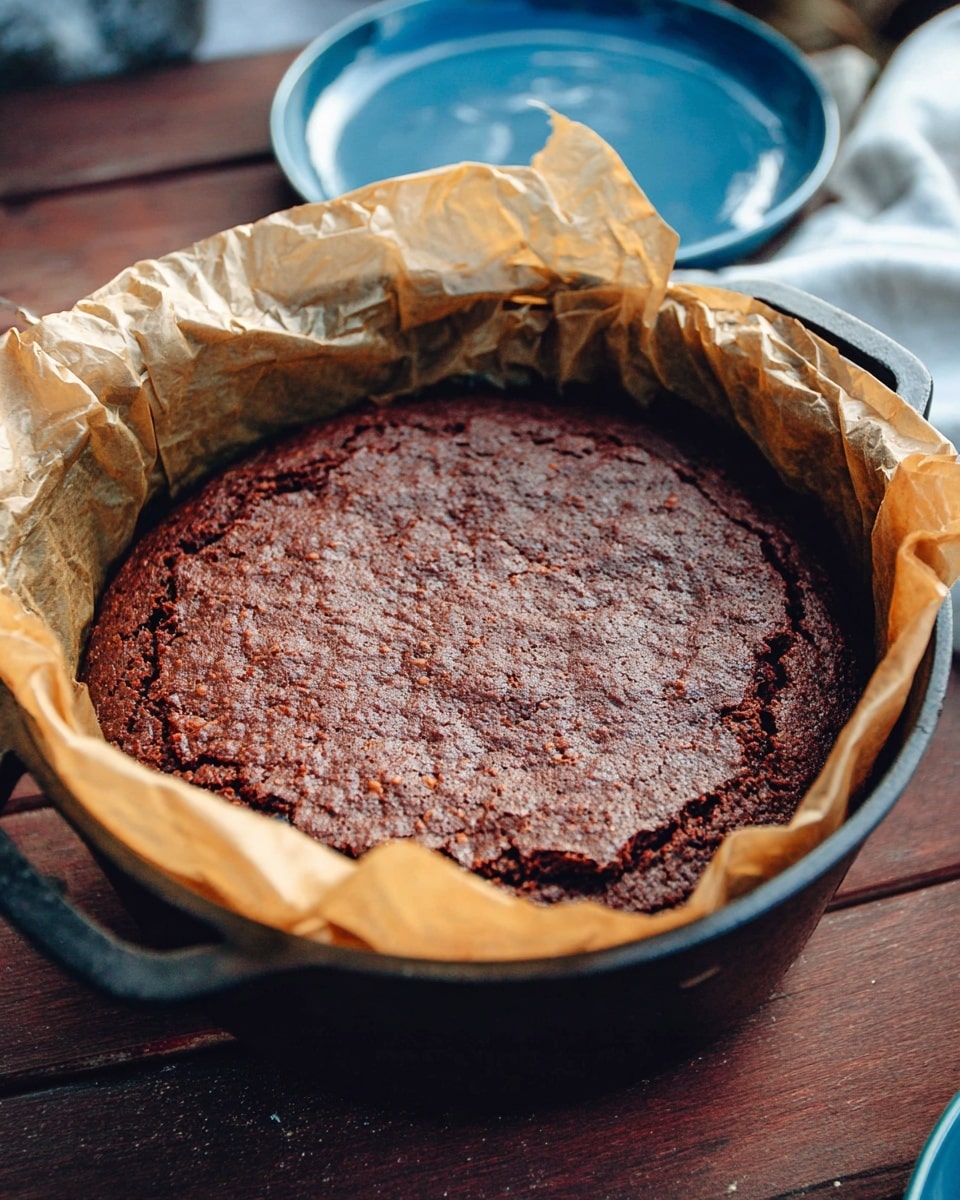 A thick, round chocolate cake with a cracked, textured dark brown top rests inside a black cast iron pot lined with crinkled parchment paper that rises slightly above the cake edges; the pot sits on a dark wooden surface with two blue plates partially visible in the background, all set against a white marbled texture. photo taken with an iphone --ar 4:5 --v 7