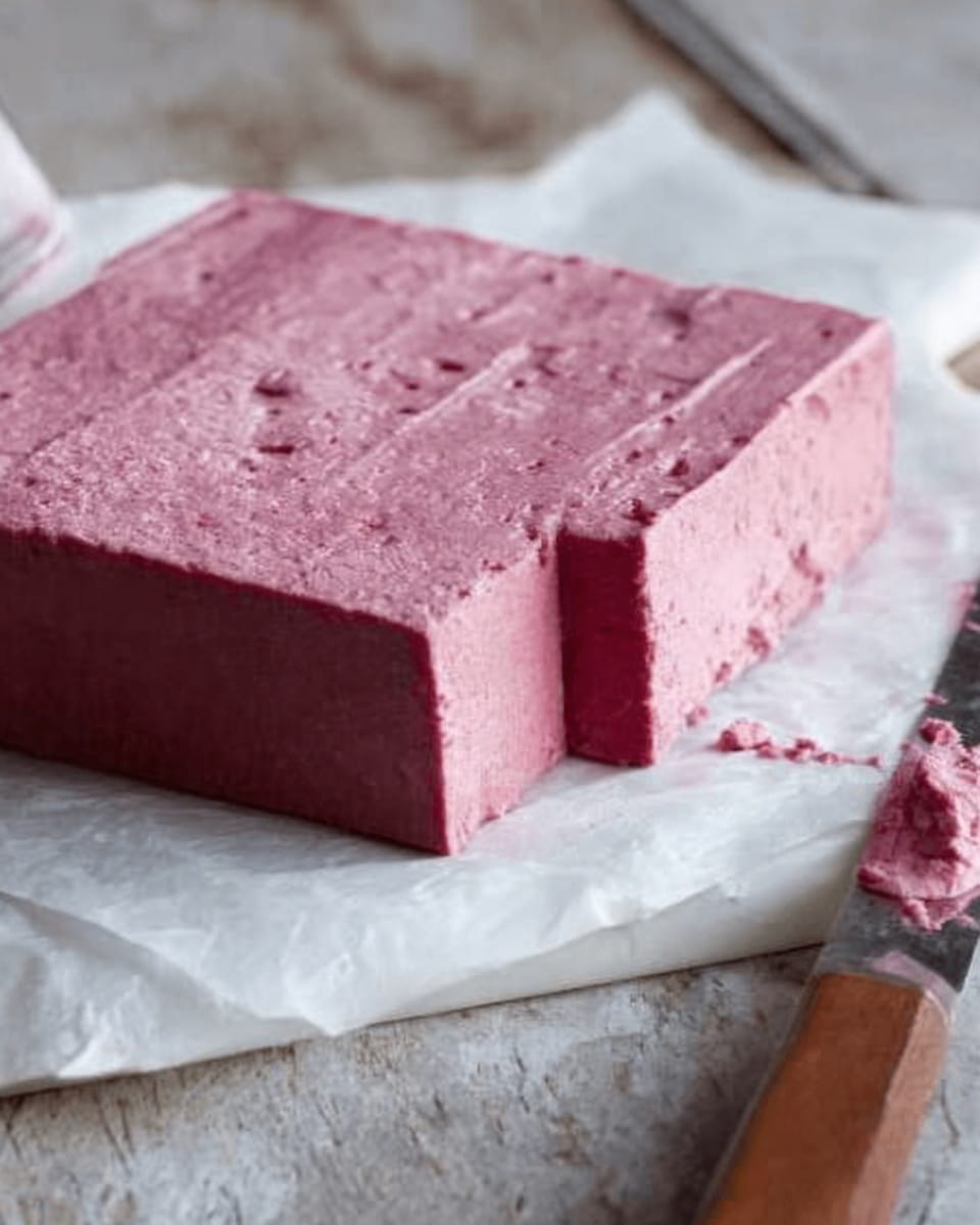 Two small square chocolates with a dark, glossy outer shell are placed on a piece of white paper on a wooden board. Each chocolate is cut in half, showing a smooth, dense inner filling that is a light purple color. Behind the two chocolates, there are several more pieces arranged neatly in rows on the board. The board rests on a soft, lightly textured gray and white cloth, which is laid over a white marbled surface. In the lower left corner, a clear bowl with dark blueberries slightly out of focus can be seen. photo taken with an iphone --ar 4:5 --v 7