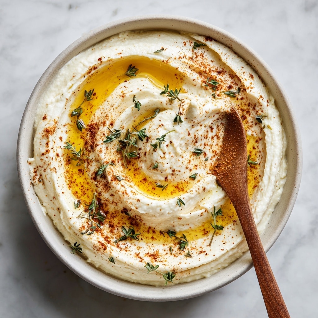 A close-up image of a shallow white bowl filled with three visible swirls of creamy white hummus topped with a drizzle of golden olive oil pooled in the center. The hummus surface has a smooth, thick texture with small sprigs of green thyme scattered on top and a light dusting of reddish-brown spices around the oil. A wooden spoon rests on the edge, partially dipped into the hummus, creating a slight wave in the creamy layer. The bowl sits on a white marbled surface. Photo taken with an iphone --ar 4:5 --v 7