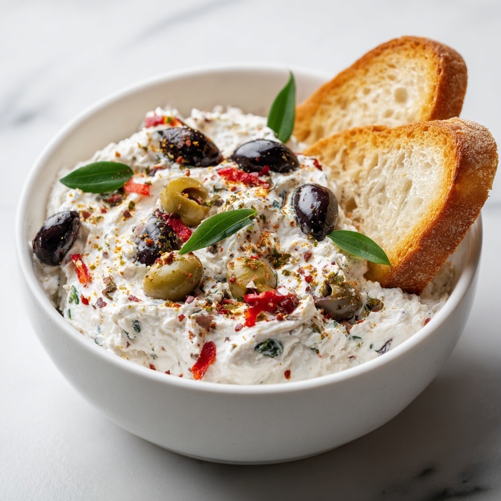 The dish is a creamy dip served in a rustic round bowl with a gray and brown speckled rim. The dip has a smooth, melted white cheese layer covering the top, scattered with whole and sliced black and green olives, small pieces of red pepper, artichoke hearts, and roasted garlic cloves. Fresh green herbs are sprinkled on top for garnish. Around the bowl, there are toasted golden brown bread slices, a white bowl filled with green olives, another white bowl with black olives, and some plain crackers. The whole scene is set on a light gray white marbled textured surface with a gray cloth partially visible. photo taken with an iphone --ar 4:5 --v 7