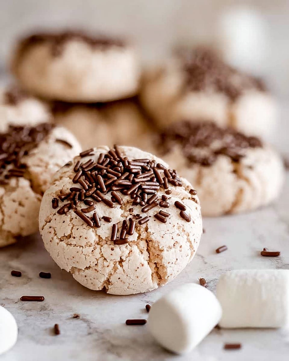 The image shows a close-up of round cookies with a cracked surface, covered in small, cylindrical dark brown sprinkles, resting on a white marbled texture. The cookies have a light beige color with a slightly rough texture, and are surrounded by a few smooth, white marshmallows placed near them, creating a soft contrast. The focus is on one cookie in the front right, showcasing its detailed texture and decoration in sharp clarity, while the other cookies are softly blurred in the background. Photo taken with an iphone --ar 4:5 --v 7