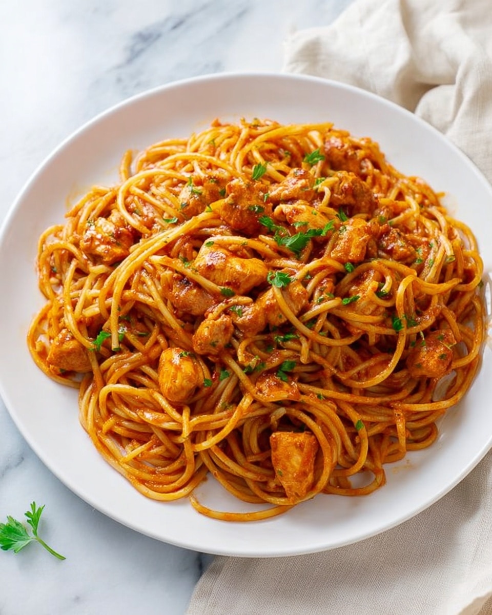 A white plate holds a large serving of spaghetti coated in a reddish-orange sauce. Mixed in are chunky pieces of cooked chicken, tender and slightly browned, scattered evenly throughout the noodles. The spaghetti strands are thick and glossy, covered well by the sauce. Small green parsley bits are sprinkled on top, adding a touch of color contrast. The plate is set on a white marbled surface with a soft, light cloth nearby. Photo taken with an iphone --ar 4:5 --v 7