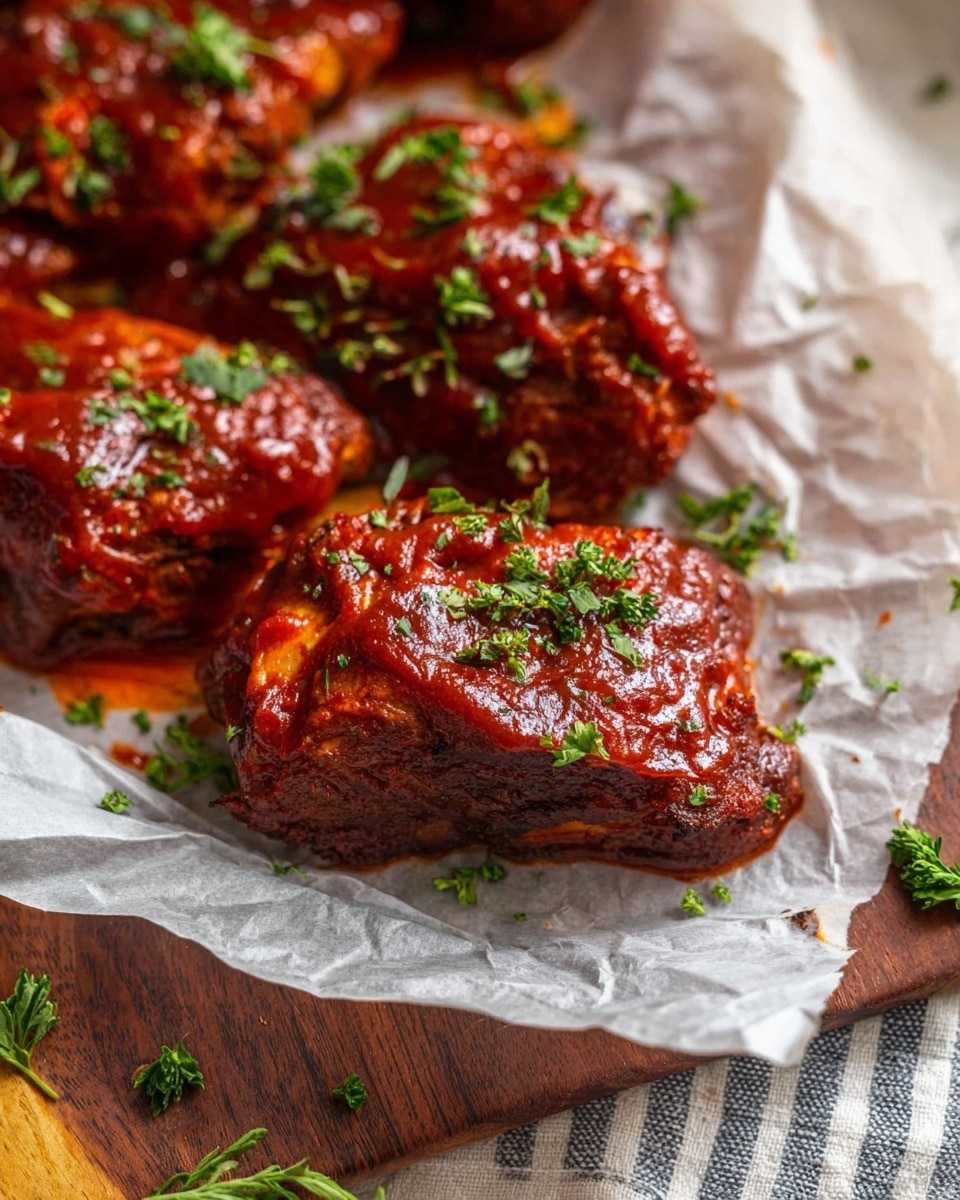 This close-up image shows several pieces of cooked meat covered in a thick red sauce with a shiny texture. The meat pieces have a slightly browned, crispy surface beneath the sauce. Small green herb leaves are sprinkled on top, adding a fresh color contrast. The meat is resting on a piece of white parchment paper placed over a dark wooden surface, with more herbs scattered nearby. The background shows a white marbled texture and a striped cloth in soft focus. photo taken with an iphone --ar 4:5 --v 7