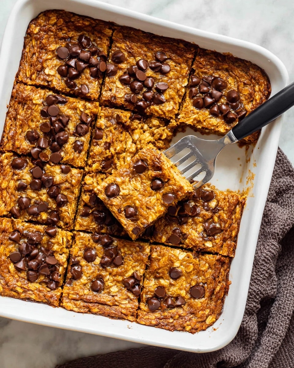 The image shows a white rectangular baking dish filled with a baked treat cut into nine square pieces. The top layer is golden brown with a slightly rough texture made from oats and scattered dark chocolate chips melted slightly into the surface. One piece has been lifted by a metal spatula with a black handle, revealing a soft, slightly gooey, lighter golden interior. The dish rests on a white marbled surface with a folded dark cloth nearby. photo taken with an iphone --ar 4:5 --v 7