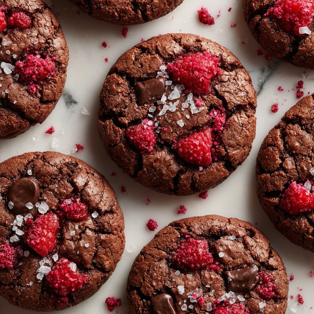 The image shows several round chocolate cookies with a cracked texture, each topped with bright red raspberry pieces and scattered flakes of sea salt. Some cookies have a single dark chocolate chunk embedded in the center, adding contrast to the deep brown surface. The cookies are placed on a white marbled background, which highlights their rich colors and textures. The overall look is rustic and homemade, with the raspberries providing a vibrant pop against the dark chocolate base. photo taken with an iphone --ar 4:5 --v 7