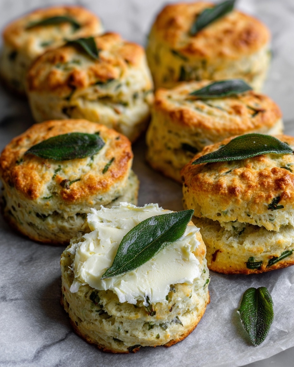 The image shows a white plate filled with eight round, golden-brown scones that have visible green herbs mixed inside, giving them a textured, leafy look. The scones are slightly cracked on top, showing a soft, fluffy interior with green flecks, stacked closely together with some overlapping. In the background, part of another white plate with one scone is visible but out of focus, placed on a white marbled surface. In the foreground, there is a small white bowl with a square pat of pale yellow butter and a metallic butter knife nearby, both resting on the same white marbled surface. Photo taken with an iphone --ar 4:5 --v 7