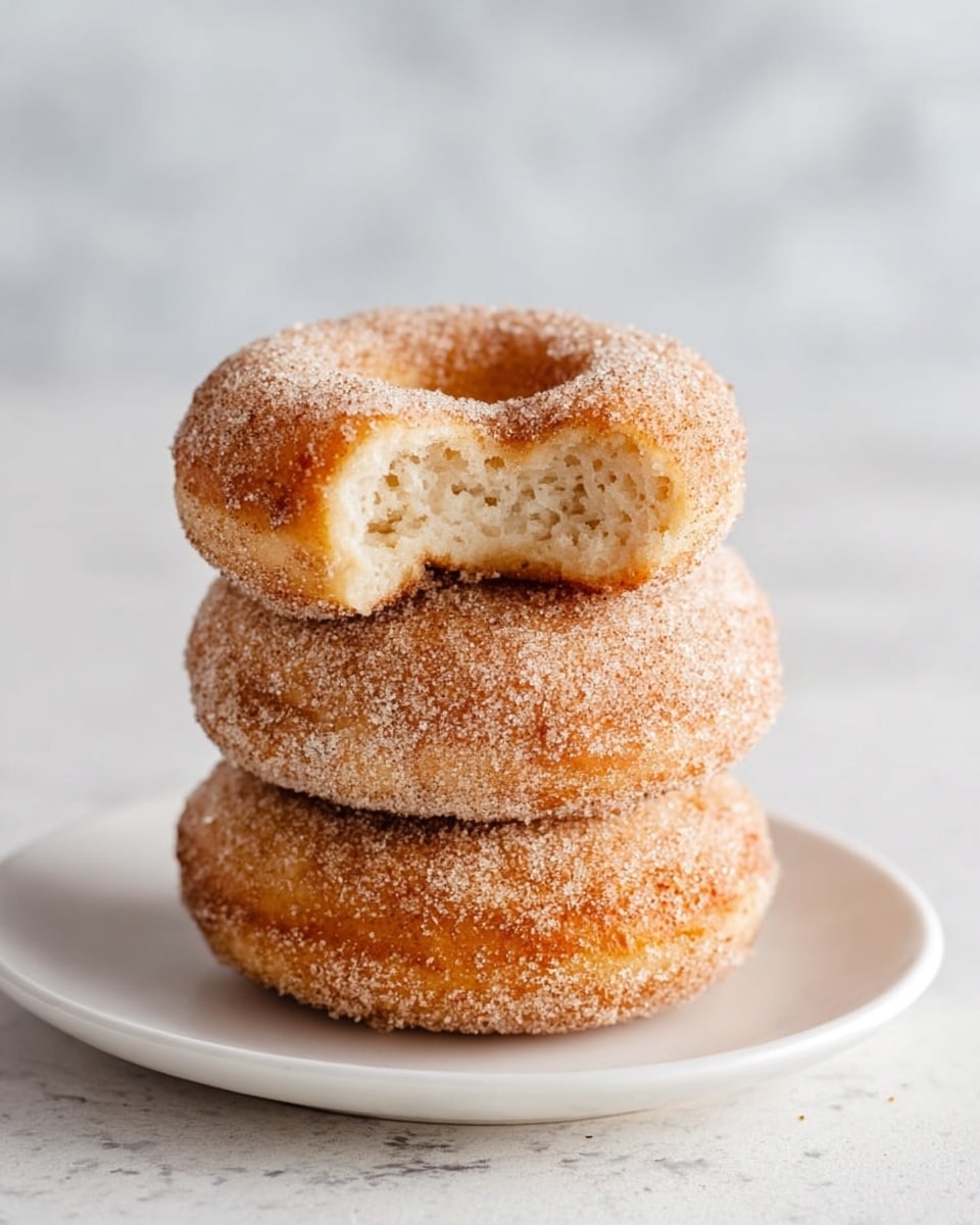 Three sugar-coated doughnuts are stacked on a simple white plate, with the top doughnut showing a bite taken out of it, revealing a soft, airy inside with a light beige color. The doughnuts are golden-brown with a rough sugar-crystal coating covering every surface, giving them a slightly grainy texture. The background is a white marbled texture, creating a clean and bright look. Photo taken with an iphone --ar 4:5 --v 7