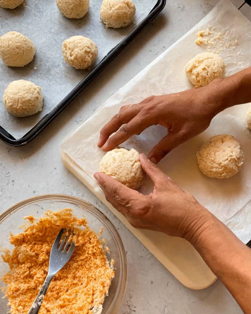 A round wooden plate holds six golden-brown fried balls coated in crispy breadcrumbs, each drizzled with a shiny, reddish-orange sauce. One ball is cut in half, revealing a stuffed filling of shredded light beige chicken inside. Bright green chopped chives are sprinkled over the balls and the plate. The plate sits on a white marbled texture with a blurred bottle of olive oil and some green herbs in the background. Photo taken with an iphone --ar 4:5 --v 7