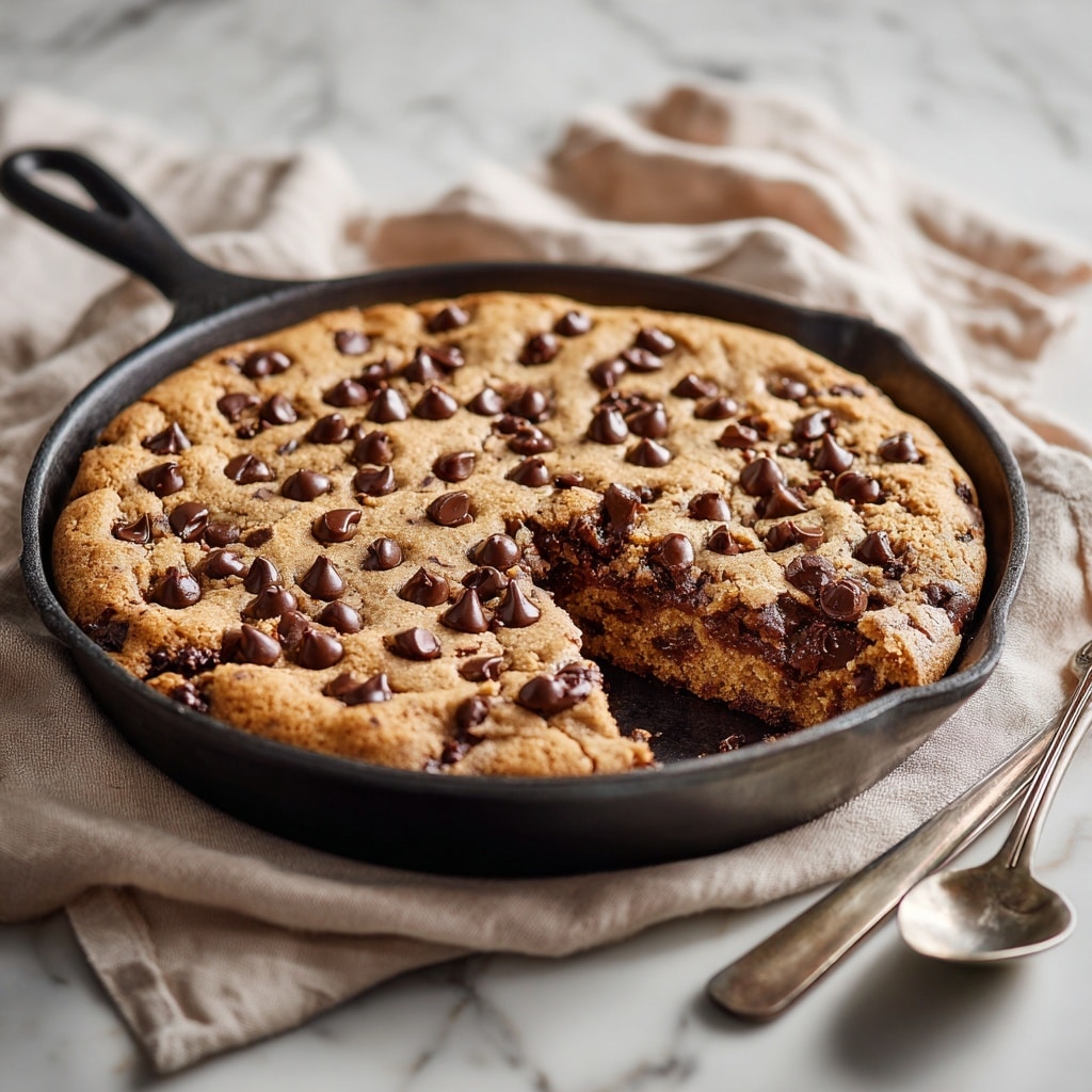 A large skillet contains a partially eaten chocolate chip cookie skillet cake with one-fourth missing, showing a thick, chewy, light brown base with textured edges and melted chocolate chips scattered unevenly on top, creating a rich dark brown contrast. The skillet rests on a soft, light beige cloth on a white marbled surface, with two spoons lying next to it. The background is softly blurred, focusing on the skillet cake's warm, freshly baked look. Photo taken with an iphone --ar 4:5 --v 7
