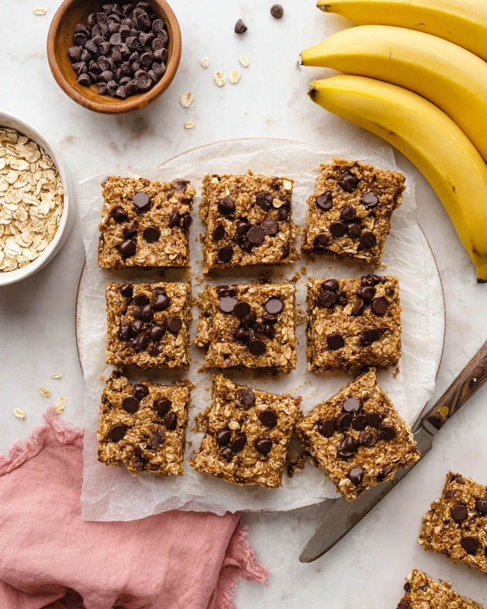 A stack of four thick, rectangular oatmeal bars with visible oats and chocolate chips throughout each layer, all golden brown in color. Light brown peanut butter drizzle is spread unevenly over the top and sides of the bars, adding a smooth and glossy texture. A single slice of banana sits atop the stack, showing a pale yellow and creamy texture. The bars rest on a white marbled surface with scattered oats around them. A whole banana is blurred in the background. photo taken with an iphone --ar 4:5 --v 7