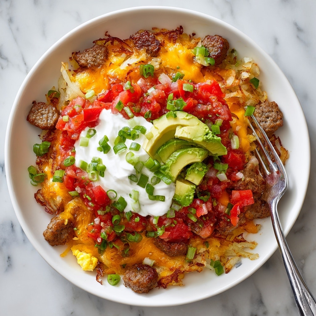 A white bowl filled with six main layers arranged side by side: golden brown crispy potato rounds at the back, topped with shredded yellow cheese and small green chili slices; next to it vibrant green avocado slices in the center; beside that, a chunky red salsa with bits of green herbs; to the front right, fluffy scrambled eggs with specks of chopped herbs; to the front left, browned ground meat garnished with chopped green onions and cilantro; all layers sit on a base hidden beneath, with the white marbled surface faintly visible beneath the bowl. Photo taken with an iphone --ar 4:5 --v 7