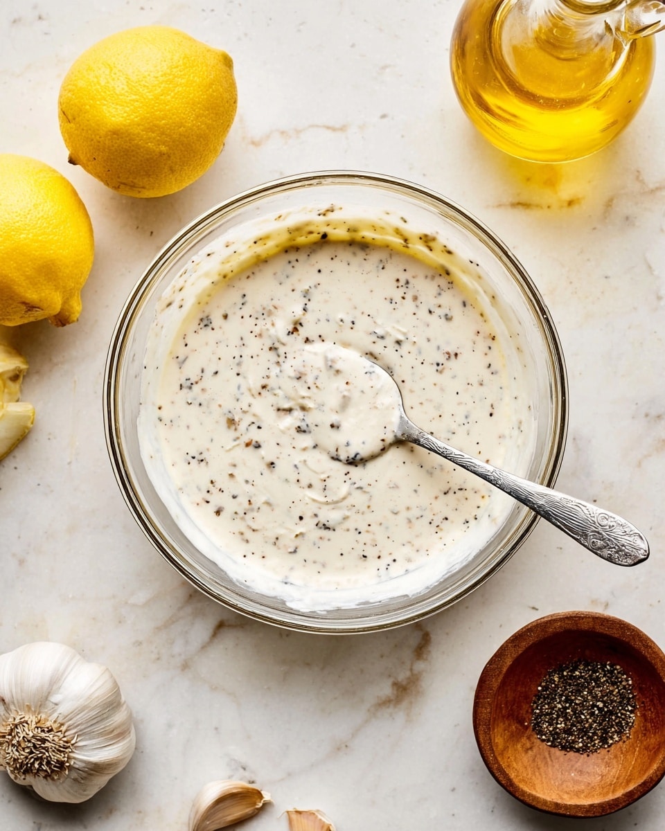 A white bowl filled with fresh, bright green romaine lettuce leaves layered at the base, topped with golden brown croutons scattered evenly throughout. Creamy, light-colored dressing with visible herbs and small chunks is being spooned generously over the lettuce and croutons from a metal spoon held above the bowl. In the background, a small glass jar with light yellow olive oil and a wooden bowl with ground pepper are placed on a white marbled surface. The whole setup is on a white marbled surface with some scattered black pepper and a white textured cloth nearby. photo taken with an iphone --ar 4:5 --v 7