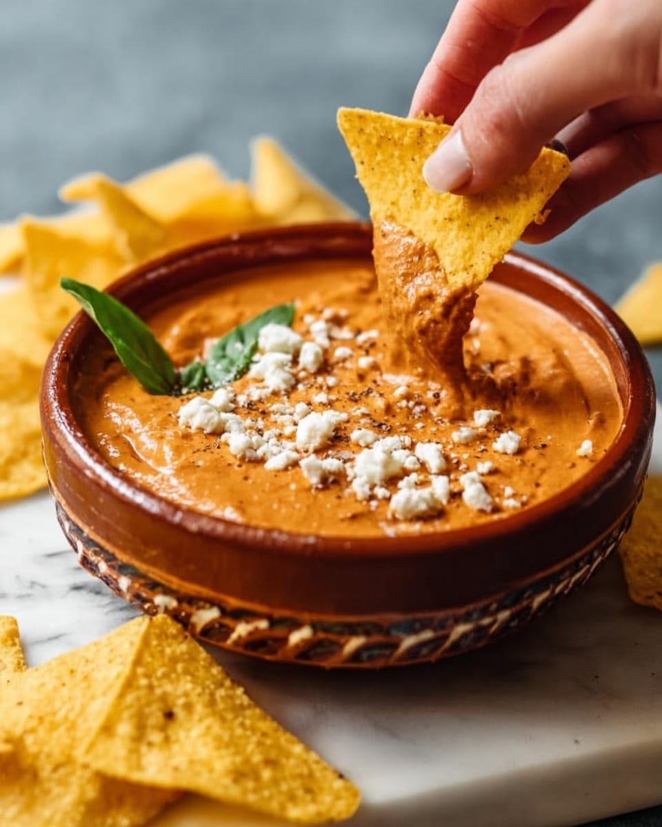 The image shows a close-up of a brown clay bowl filled with thick, orange-brown dip topped with small white crumbles and a green leaf garnish near the edge. A woman's hand is dipping a triangular yellow corn chip halfway into the smooth, creamy dip, with the chip covered in some of it. More yellow corn chips lie in front of the bowl on a white marbled surface, and the background is softly blurred. photo taken with an iphone --ar 4:5 --v 7