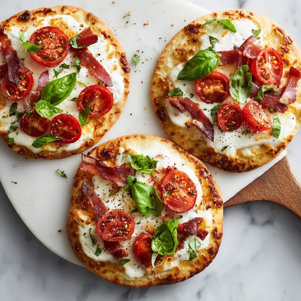 The image shows three small flatbread pizzas on a white marbled surface, two placed directly on it and one on a round wooden board. Each pizza has one smooth, golden-brown crust that looks crispy at the edges. On top, there is a melted white cheese layer with a glossy texture, scattered slices of bright red tomatoes, and thin strips of reddish-brown cured meat. Fresh green basil leaves are placed on each pizza, adding a pop of color. Some coarse salt and black pepper are sprinkled lightly over the pizzas, enhancing the texture and color contrast. Photo taken with an iphone --ar 4:5 --v 7