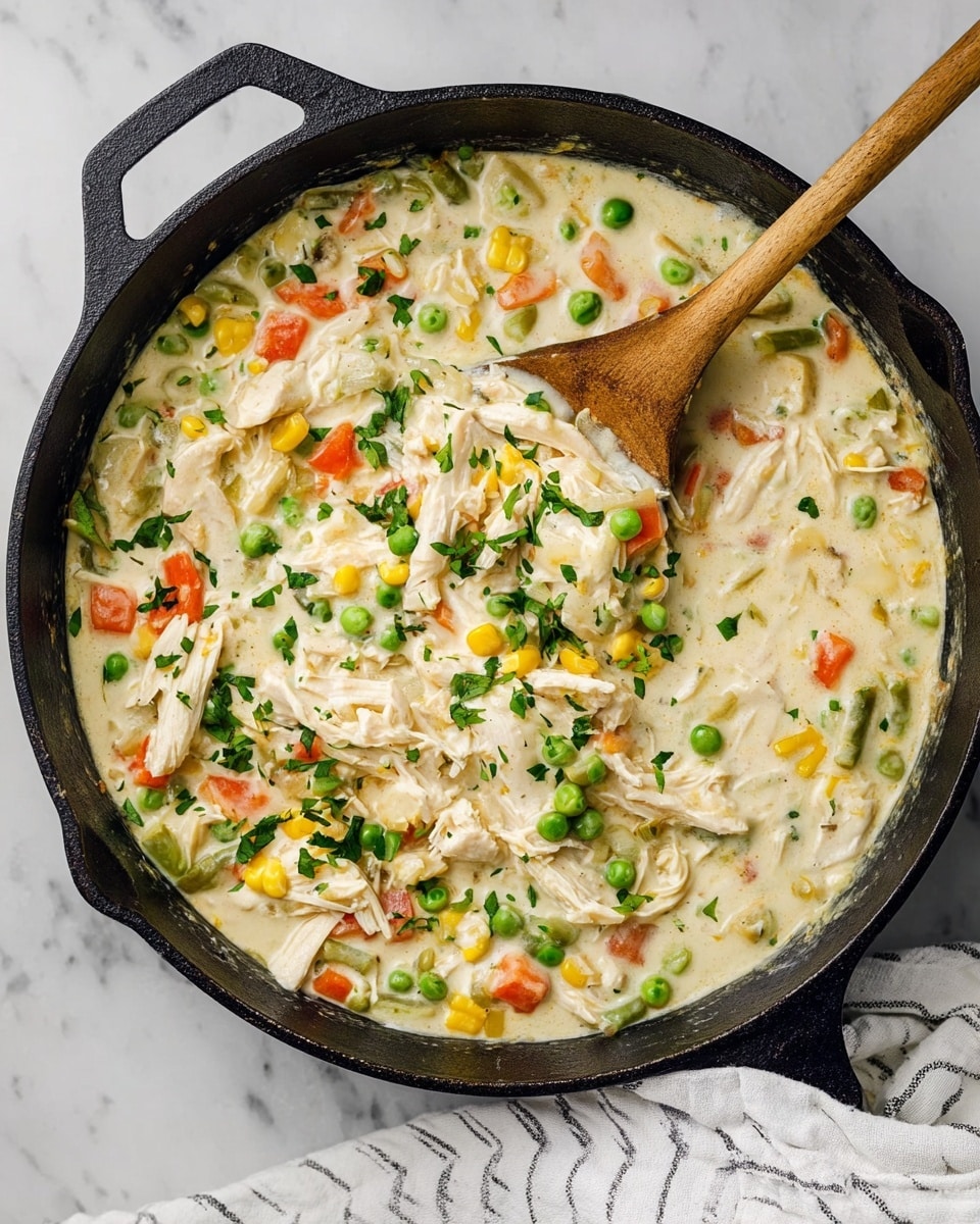 A close-up view of a creamy chicken stew in a black pan, filled with shredded white chicken pieces mixed with colorful vegetables including bright green peas, orange carrot cubes, yellow corn kernels, and green beans, all coated in a thick, pale cream sauce speckled with black pepper and small red seasoning bits. A silver ladle lifts a portion of the stew, showing the thick texture and the mixture of ingredients clearly, with the black pan contrasting against the smooth creaminess of the dish. Photo taken with an iphone --ar 4:5 --v 7