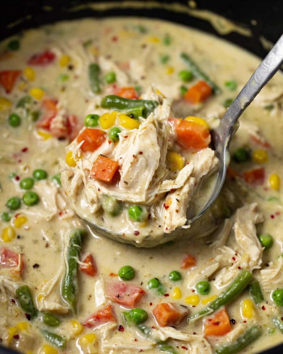 A black cast iron pan filled with a creamy white sauce containing visible layers of shredded white chicken, bright green peas, diced orange carrots, small pieces of yellow corn, and green beans, all mixed evenly. Small bits of fresh green chopped herbs are sprinkled on top. A wooden spoon is resting in the pan, slightly lifting some of the chicken and vegetables, showing the thick, rich texture of the sauce. The pan is placed on a white marbled surface with a white and black striped cloth nearby. Photo taken with an iphone --ar 4:5 --v 7