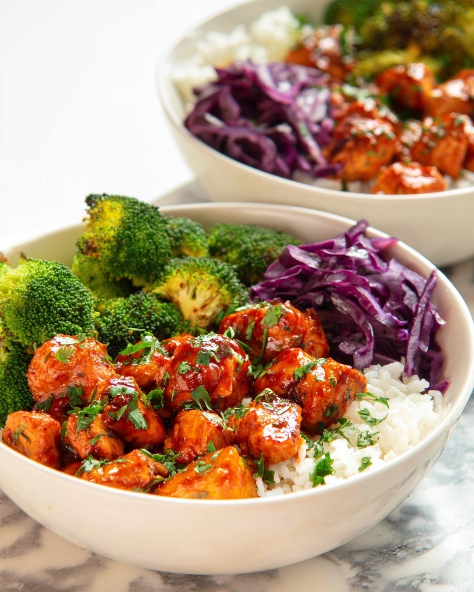 This image shows two white bowls filled with a colorful meal. Each bowl contains a base layer of white rice, topped with bright green broccoli florets on one side. The center has grilled chicken pieces coated in a glossy reddish sauce, sprinkled with fresh chopped herbs. On the left side of the front bowl, there is a layer of thinly sliced purple cabbage adding a vibrant contrast. The bowls are placed on a white marbled surface with a soft, natural light highlighting the textures and colors. photo taken with an iphone --ar 4:5 --v 7