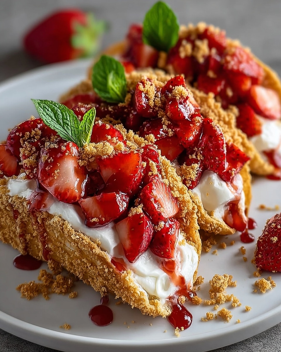 Two dessert tacos sit side by side on a white marbled surface, each taco shell coated in a crumbly, golden-brown texture. Inside, there is a thick layer of creamy white filling at the bottom, topped with a glossy red strawberry sauce dripping slightly over the sides. Each taco is crowned with a swirl of white cream, finished with a fresh red strawberry slice on top. Nearby, whole strawberries add a vibrant touch of bright red and green to the scene. photo taken with an iphone --ar 4:5 --v 7