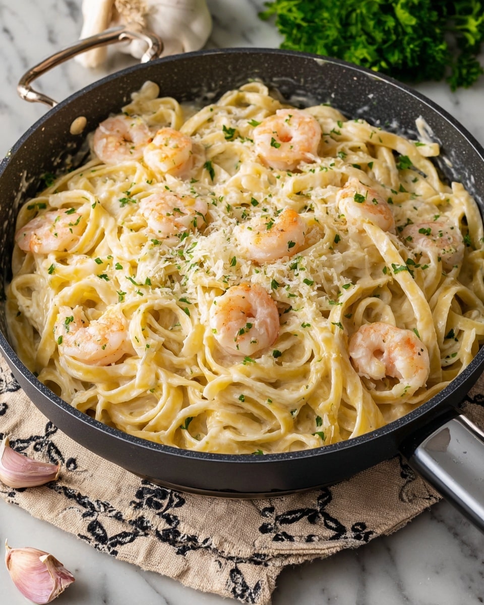 A large black pan filled with creamy fettuccine pasta coated in a rich white sauce is shown. On top, there are several pink shrimp scattered evenly, along with small green parsley leaves sprinkled throughout for color. The pasta strands are thick and smooth with a slightly glossy texture from the sauce, and a light dusting of grated white cheese is sprinkled over the shrimp and pasta. The pan sits on a white marbled surface, with a beige cloth with black patterns and a couple of garlic cloves at the front, and some parsley leaves visible in the background. photo taken with an iphone --ar 4:5 --v 7