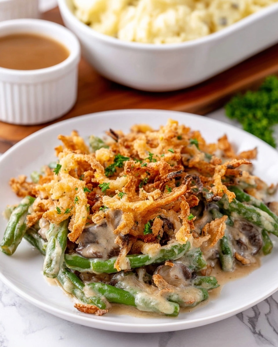A white plate holds a creamy green bean casserole with two visible layers; the bottom layer has bright green beans mixed with a light brown mushroom sauce, while the top layer is covered with crispy, golden fried onions scattered unevenly, and sprinkled fresh green parsley pieces add a touch of color. In the background, a white bowl with mashed potatoes and a white ramekin filled with brown gravy sit on a wooden board, all placed on a white marbled surface. photo taken with an iphone --ar 4:5 --v 7