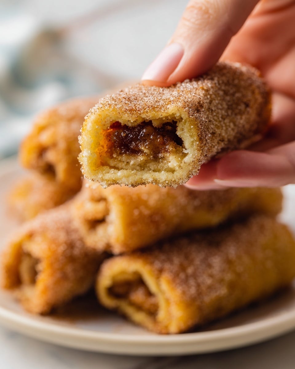 A close-up of a bitten golden-brown rolled pastry coated with a rough cinnamon sugar layer. Inside, the pastry has a soft, crumbly texture with a visible spiced filling in shades of dark brown. The rolled pastry is held by a woman's hand, with more similar rolled pastries stacked on a white plate beneath it. The background is softly blurred with a white marbled texture. photo taken with an iphone --ar 4:5 --v 7