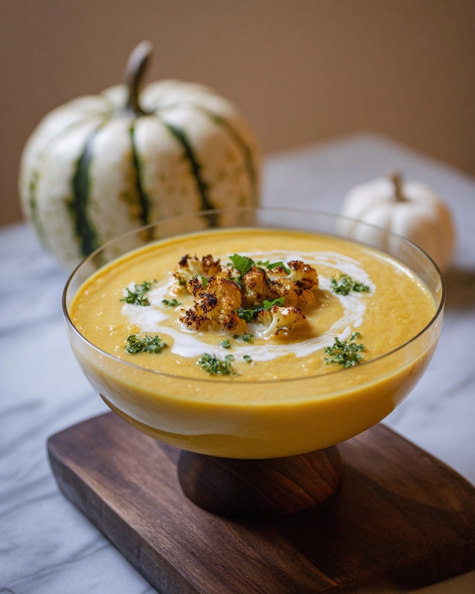 A bowl of thick orange soup filled to the top, with a few pieces of roasted cauliflower that are slightly browned and scattered in the middle. There are white cream swirls on the soup's surface, giving it a smooth texture look. Green small herb leaves are placed both on top of the cauliflower and around, adding fresh color. The clear bowl sits on a small wooden board on a light brown wooden table with two small pumpkins and some green herbs nearby. The background is a white marbled texture. Photo taken with an iphone --ar 4:5 --v 7