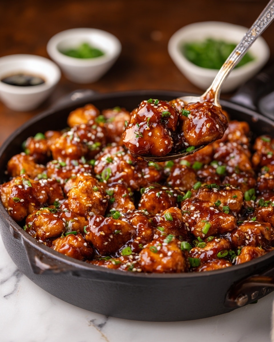 A close-up of a dark pan filled with many bite-sized chicken pieces covered in a thick, shiny brown sauce, sprinkled with sesame seeds and small green chopped onions scattered evenly over the top, with a spoon lifting several pieces that show the smooth sauce dripping slightly. In the background, there are blurred small white bowls with sauce and chopped herbs on a white marbled surface. photo taken with an iphone --ar 4:5 --v 7